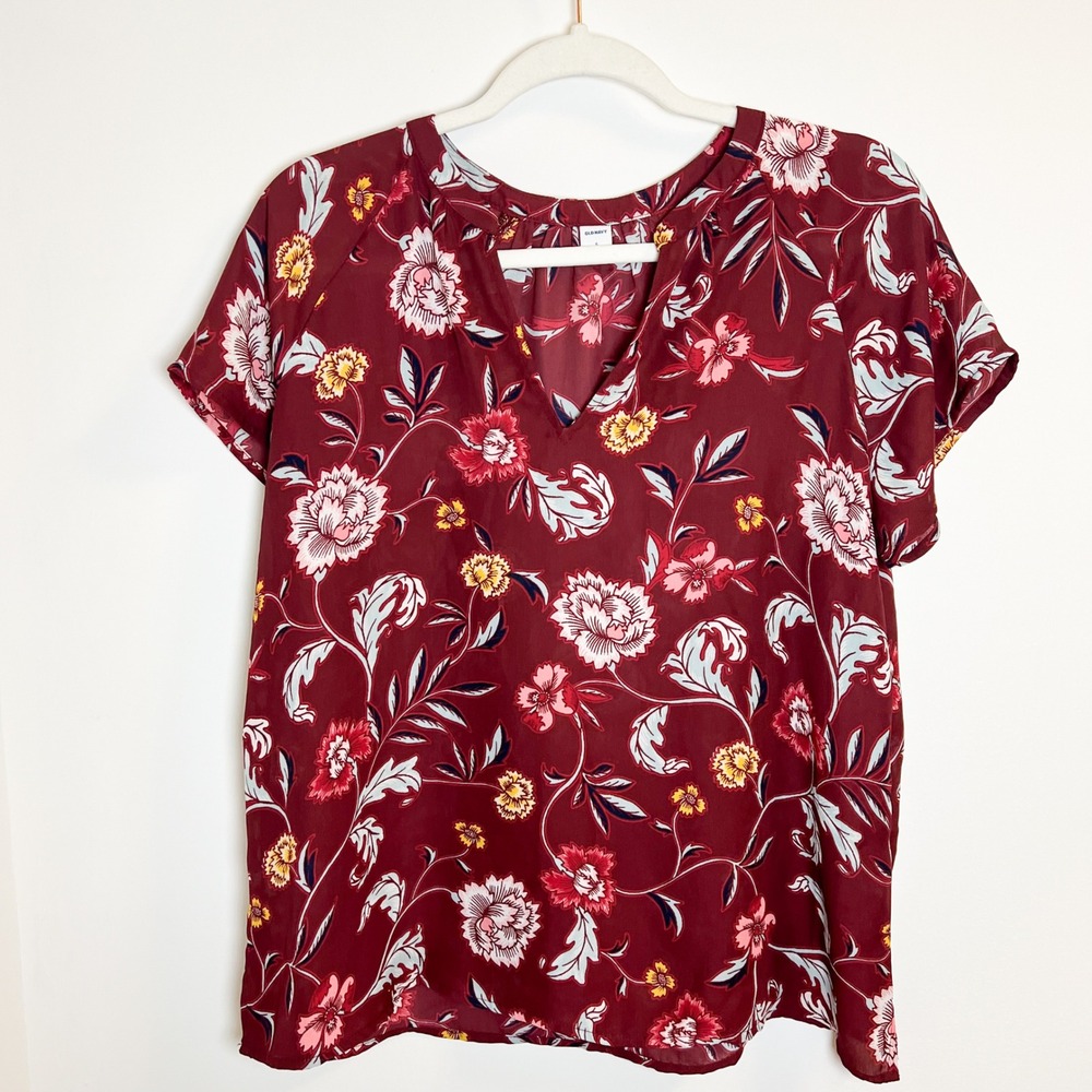 Old‎ Navy Floral Burgundy Blouse Women's Short Sleeve Top Size Small